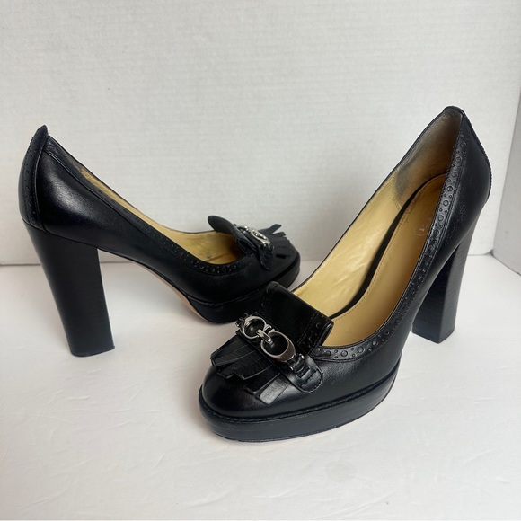 Coach Lynne Black Leather Platform Pumps Heels Size 9.5 Stacked Heel Fringe - Picture 16 of 16